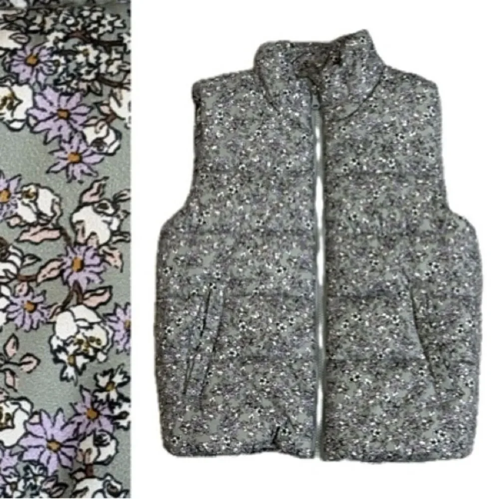 H&M Kids Floral Print Full Zip Puffer Vest Girls Size 6X/7 Grey White & Lilac